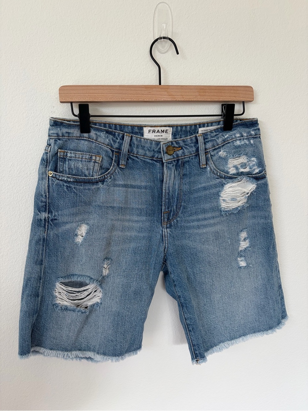 Frame Distressed Bermuda Shorts Le Grand Garcon Denim Long Light Wash Size 27 - Picture 2 of 9